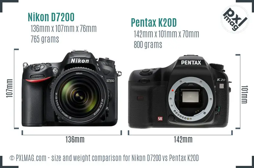 Nikon D7200 vs Pentax K20D size comparison
