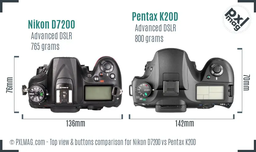 Nikon D7200 vs Pentax K20D top view buttons comparison