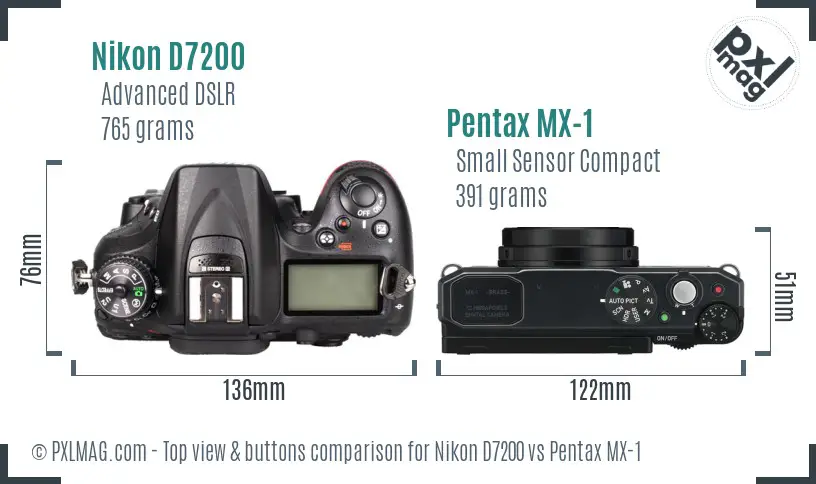 Nikon D7200 vs Pentax MX-1 top view buttons comparison