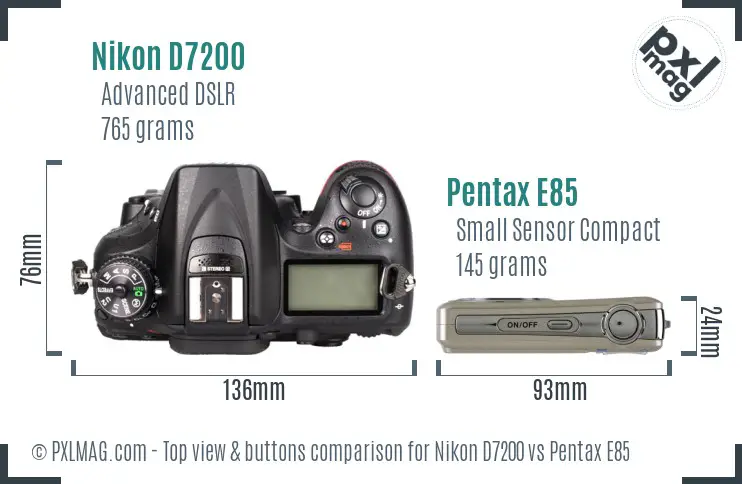 Nikon D7200 vs Pentax E85 top view buttons comparison