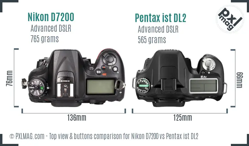 Nikon D7200 vs Pentax ist DL2 top view buttons comparison