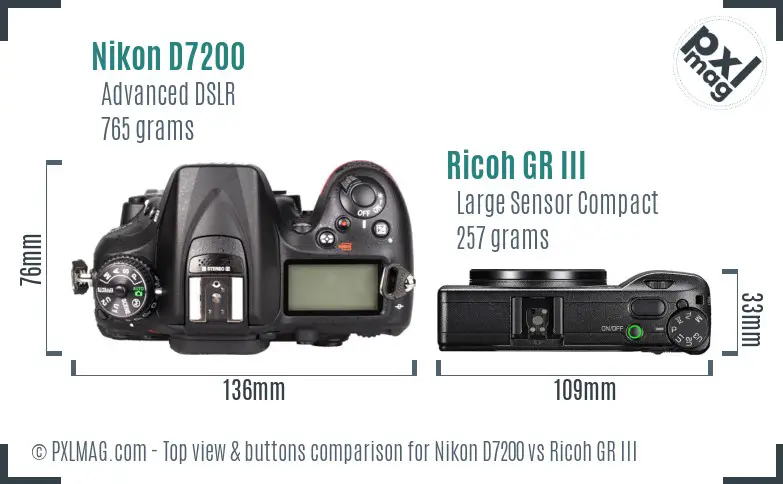 Nikon D7200 vs Ricoh GR III top view buttons comparison