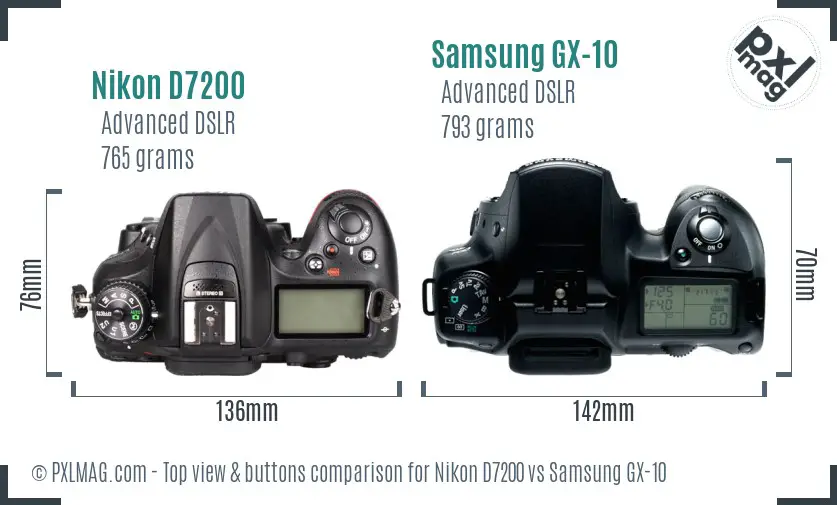 Nikon D7200 vs Samsung GX-10 top view buttons comparison