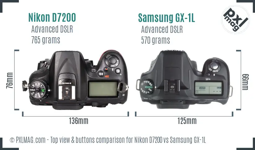 Nikon D7200 vs Samsung GX-1L top view buttons comparison