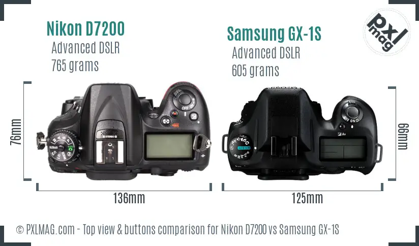 Nikon D7200 vs Samsung GX-1S top view buttons comparison