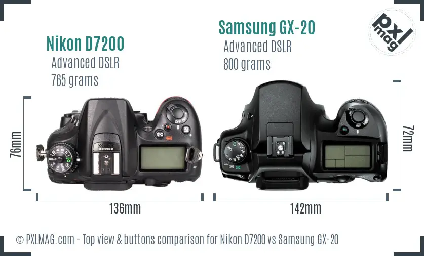 Nikon D7200 vs Samsung GX-20 top view buttons comparison