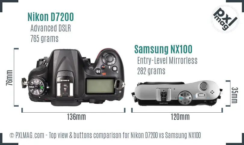 Nikon D7200 vs Samsung NX100 top view buttons comparison