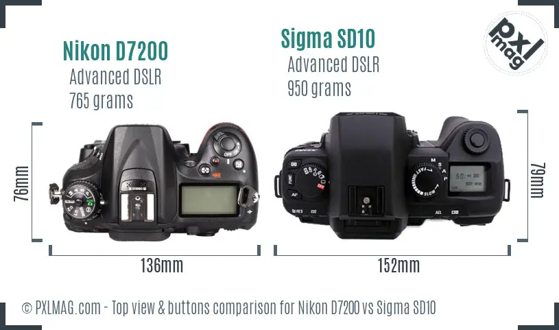 Nikon D7200 vs Sigma SD10 top view buttons comparison