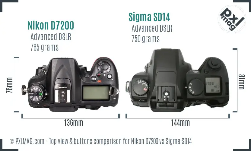 Nikon D7200 vs Sigma SD14 top view buttons comparison