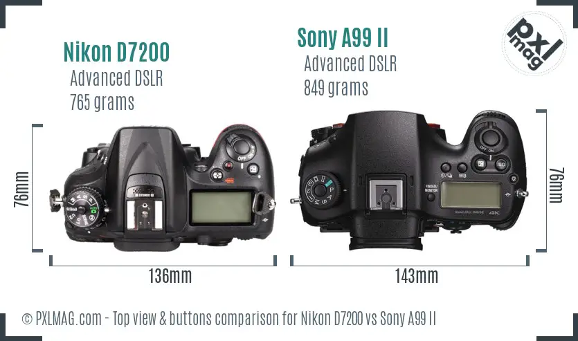 Nikon D7200 vs Sony A99 II top view buttons comparison