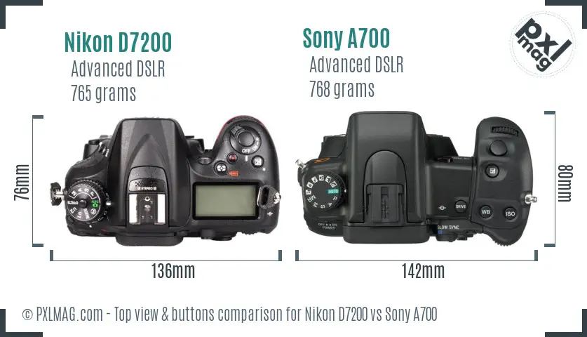 Nikon D7200 vs Sony A700 top view buttons comparison