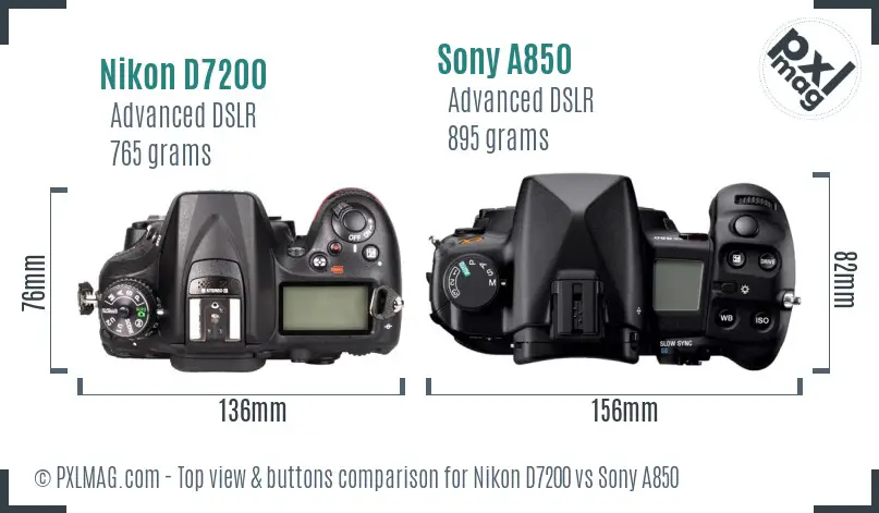 Nikon D7200 vs Sony A850 top view buttons comparison