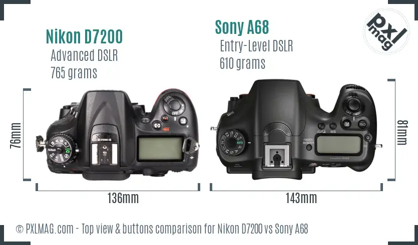 Nikon D7200 vs Sony A68 top view buttons comparison