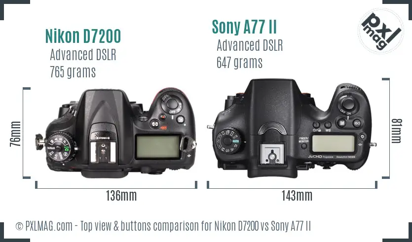 Nikon D7200 vs Sony A77 II top view buttons comparison