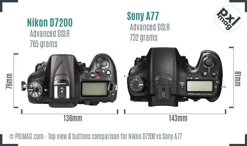 Nikon D7200 vs Sony A77 top view buttons comparison