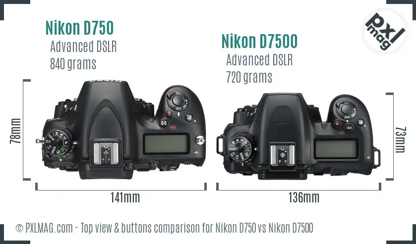 Nikon D750 vs Nikon D7500 top view buttons comparison