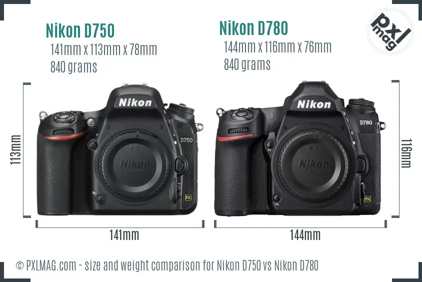 Nikon D750 vs Nikon D780 size comparison