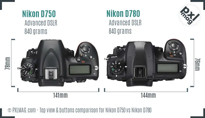Nikon D750 vs Nikon D780 top view buttons comparison