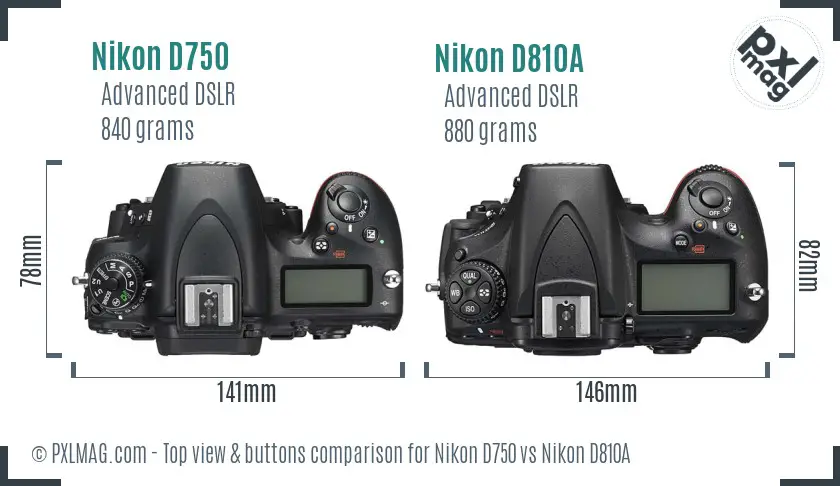 Nikon D750 vs Nikon D810A top view buttons comparison