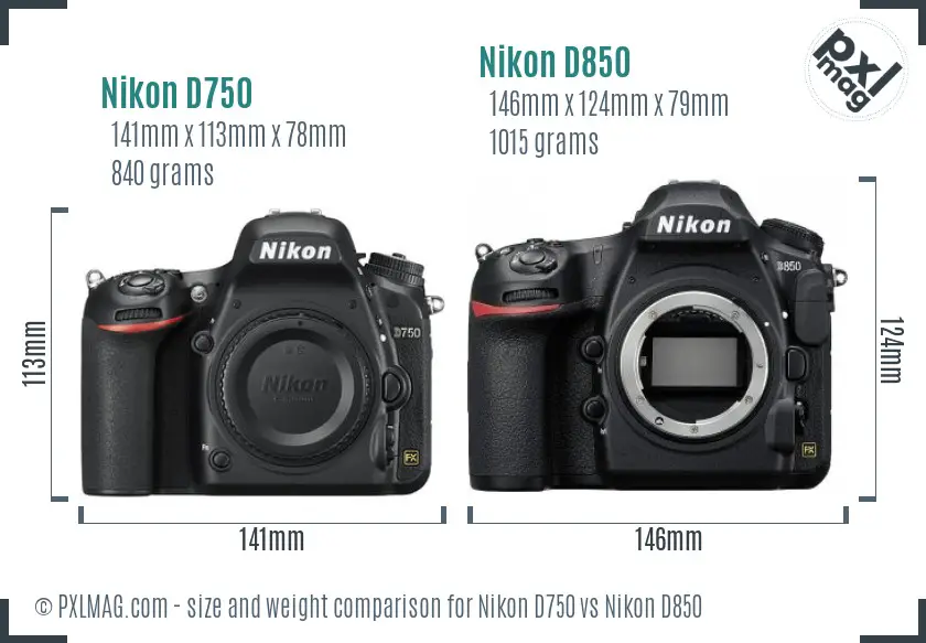Nikon D750 vs Nikon D850 size comparison