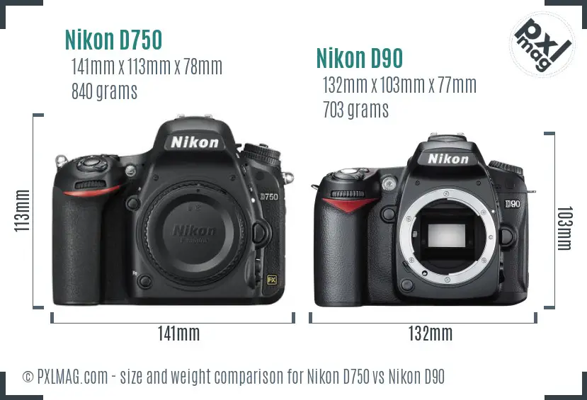 Nikon D750 vs Nikon D90 size comparison