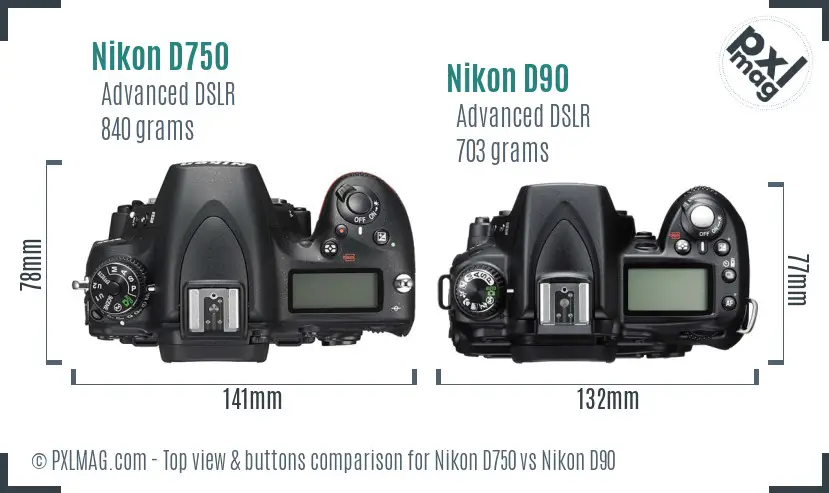 Nikon D750 vs Nikon D90 top view buttons comparison