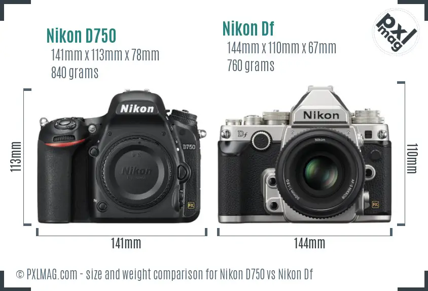Nikon D750 vs Nikon Df size comparison