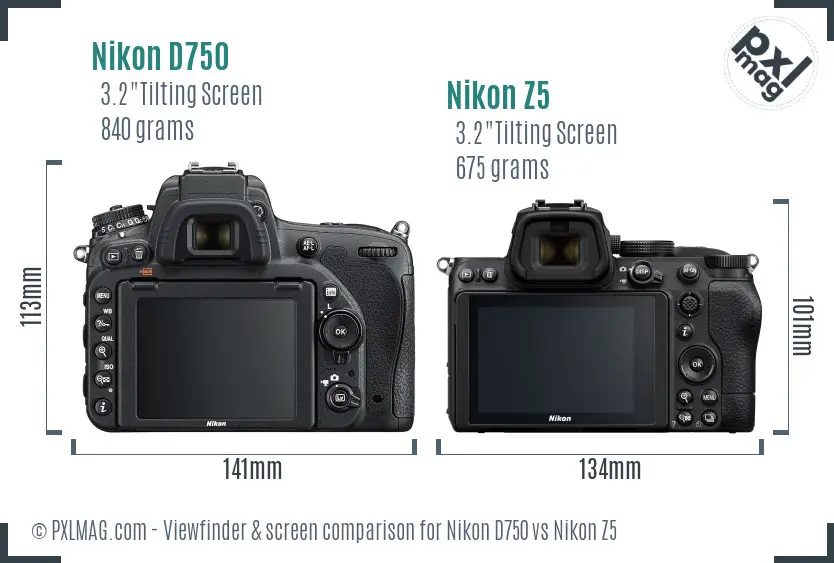 Nikon D750 vs Nikon Z5 Screen and Viewfinder comparison