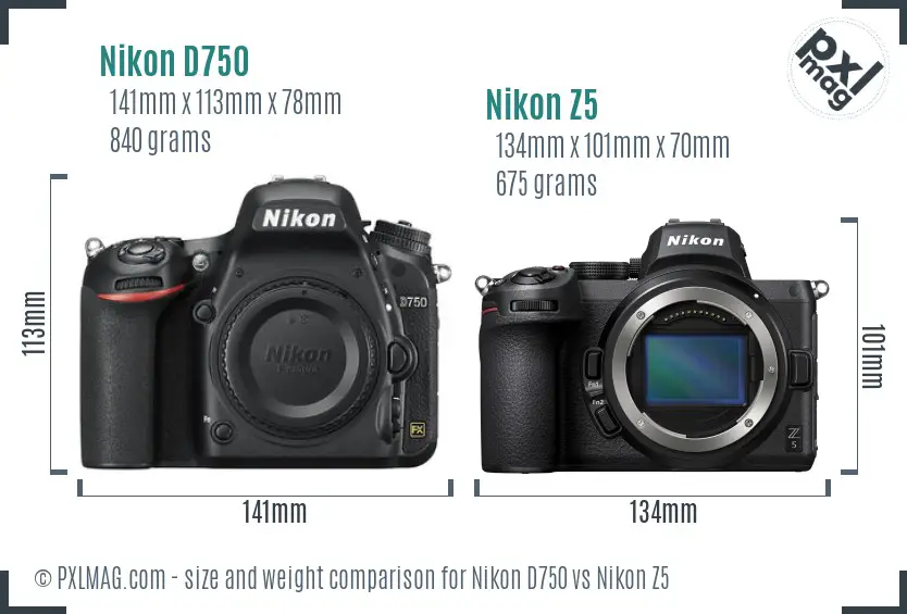 Nikon D750 vs Nikon Z5 size comparison