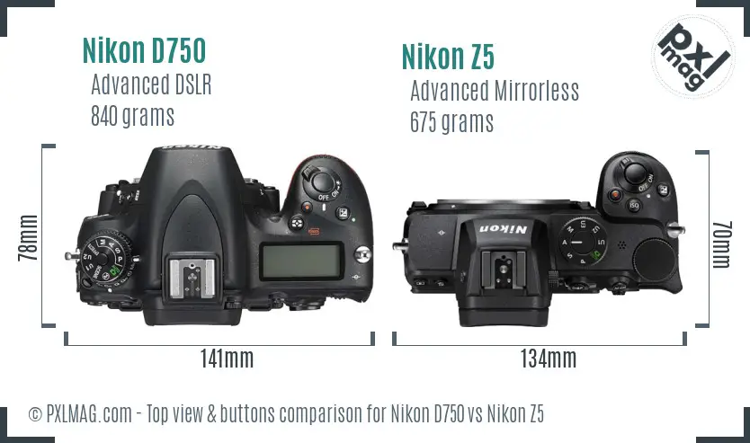 Nikon D750 vs Nikon Z5 top view buttons comparison