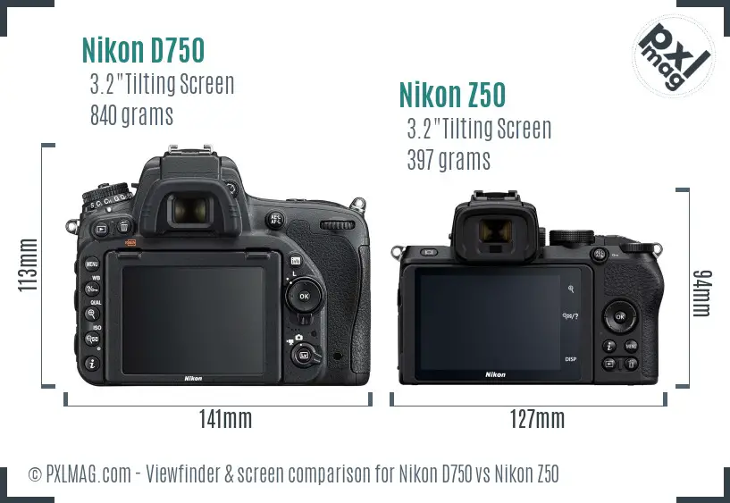 Nikon D750 vs Nikon Z50 Screen and Viewfinder comparison