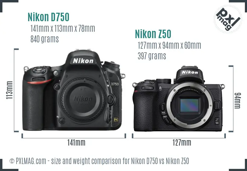 Nikon D750 vs Nikon Z50 size comparison