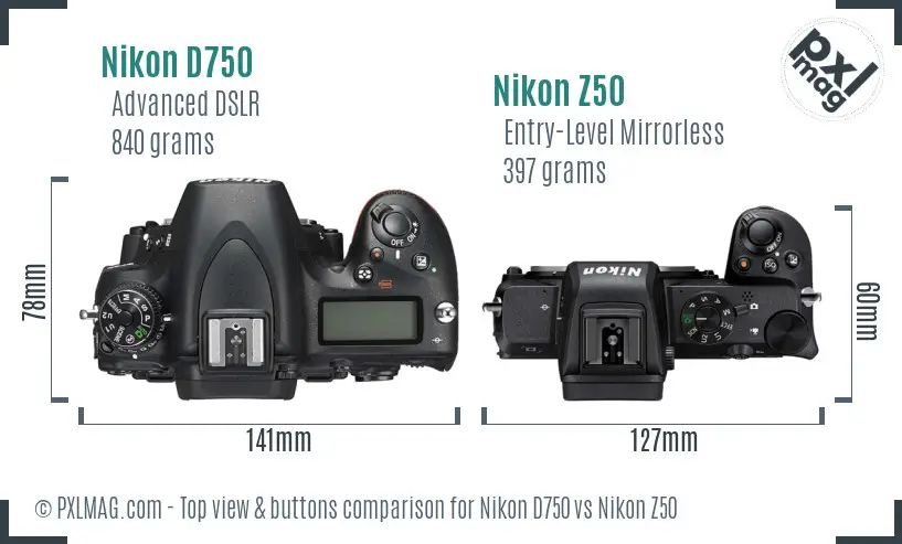 Nikon D750 vs Nikon Z50 top view buttons comparison