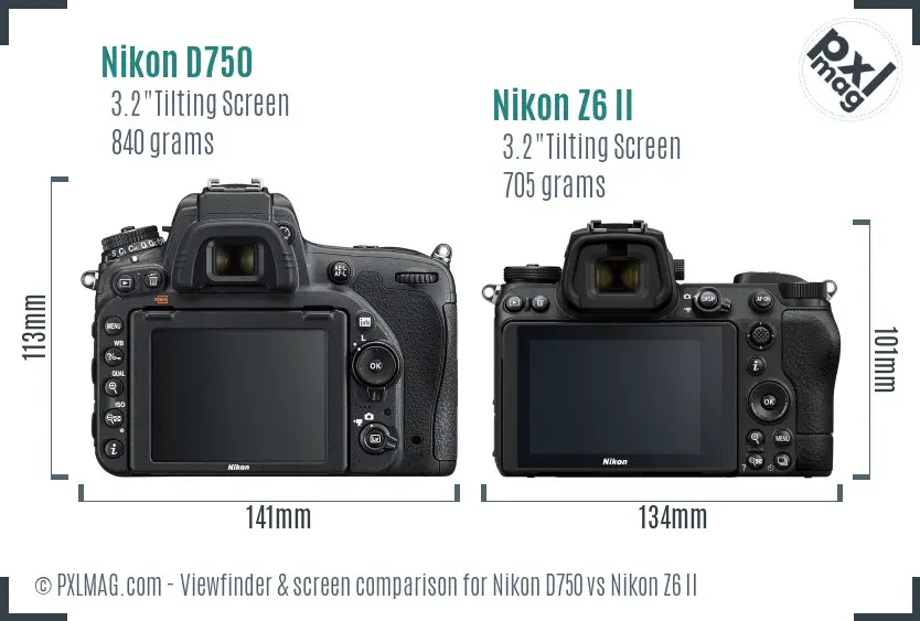 Nikon D750 vs Nikon Z6 II Screen and Viewfinder comparison