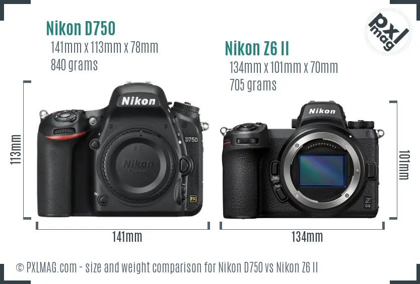 Nikon D750 vs Nikon Z6 II size comparison