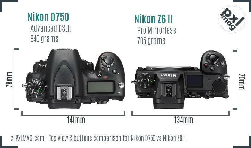 Nikon D750 vs Nikon Z6 II top view buttons comparison