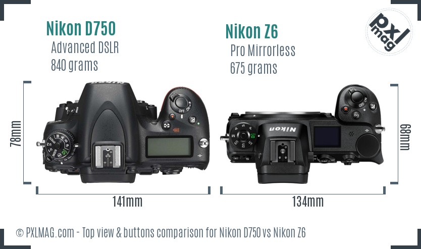 Nikon D750 vs Nikon Z6 top view buttons comparison