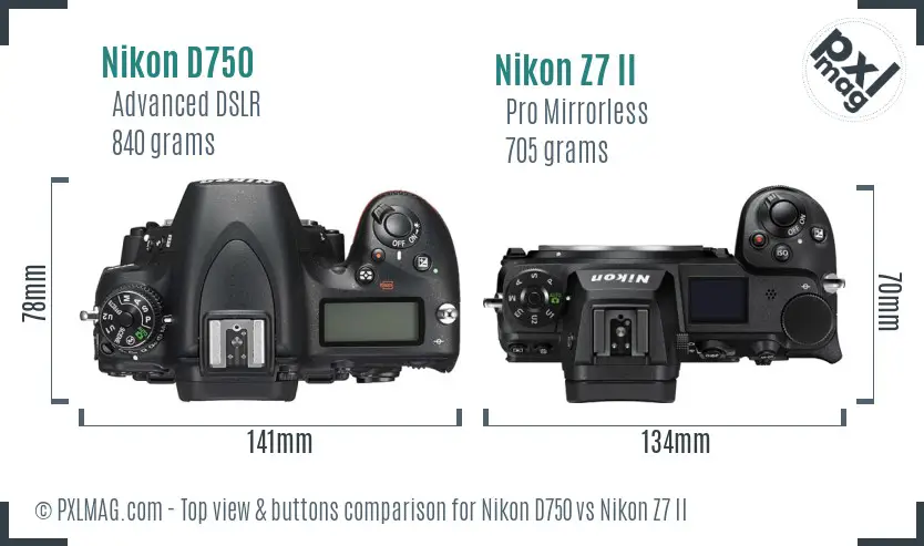 Nikon D750 vs Nikon Z7 II top view buttons comparison