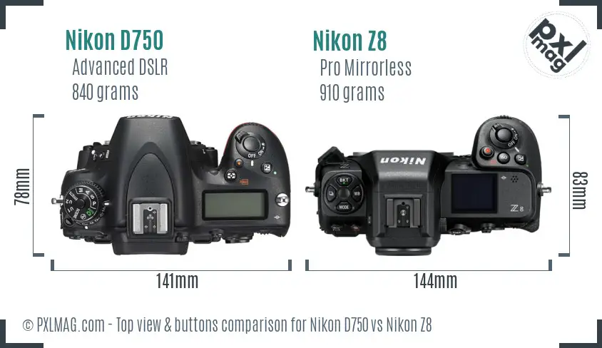Nikon D750 vs Nikon Z8 top view buttons comparison Nikon D750 vs Nikon Z8 top view buttons comparison