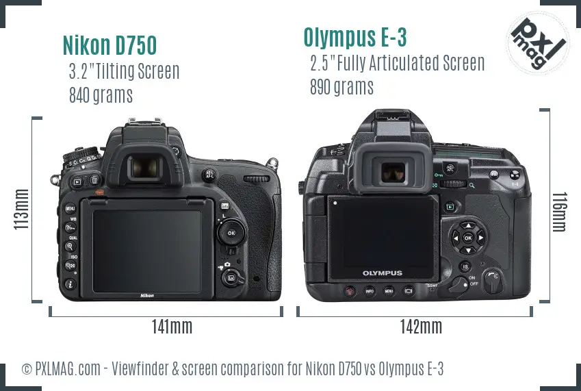 Nikon D750 vs Olympus E-3 Screen and Viewfinder comparison