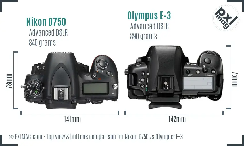 Nikon D750 vs Olympus E-3 top view buttons comparison