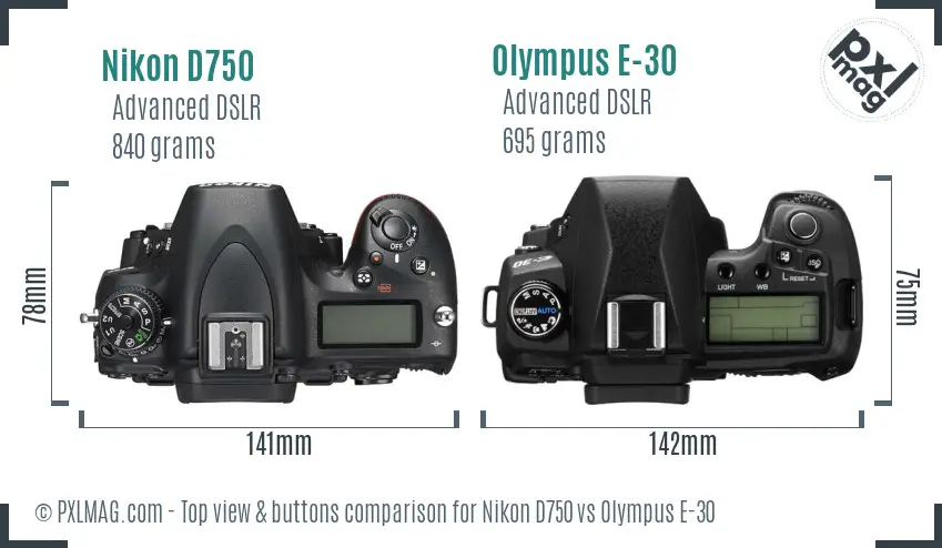 Nikon D750 vs Olympus E-30 top view buttons comparison