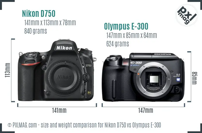 Nikon D750 vs Olympus E-300 size comparison