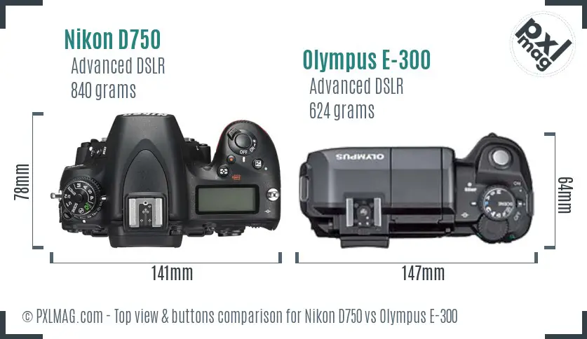 Nikon D750 vs Olympus E-300 top view buttons comparison