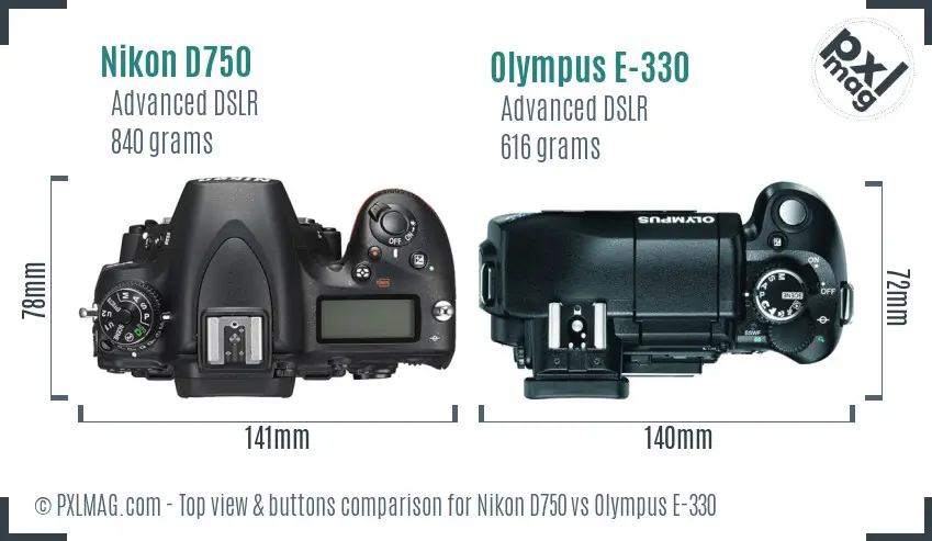 Nikon D750 vs Olympus E-330 top view buttons comparison