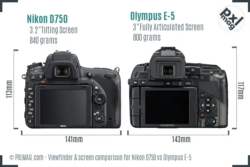 Nikon D750 vs Olympus E-5 Screen and Viewfinder comparison