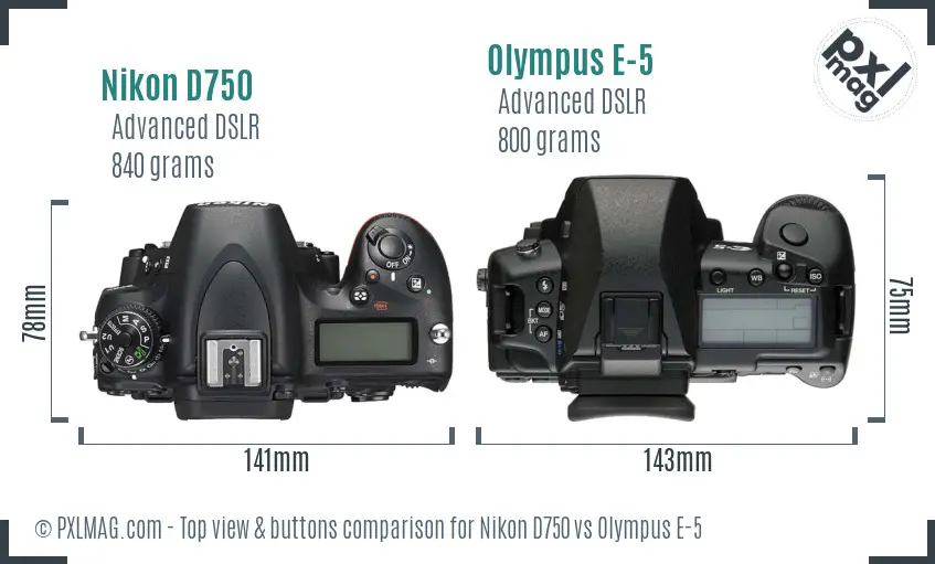 Nikon D750 vs Olympus E-5 top view buttons comparison