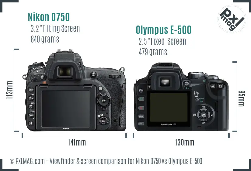 Nikon D750 vs Olympus E-500 Screen and Viewfinder comparison