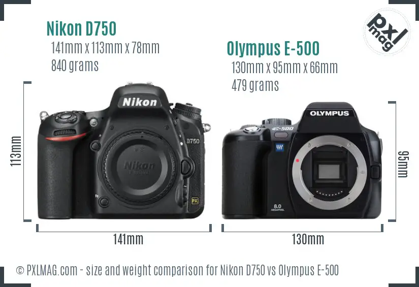Nikon D750 vs Olympus E-500 size comparison