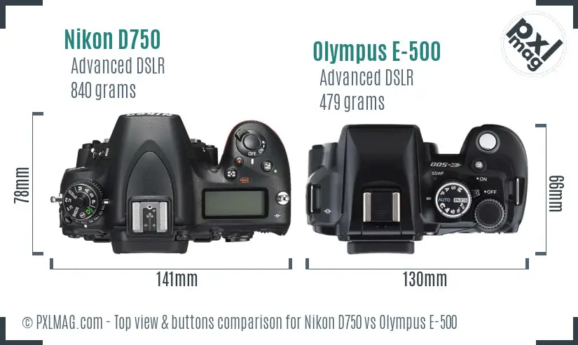 Nikon D750 vs Olympus E-500 top view buttons comparison